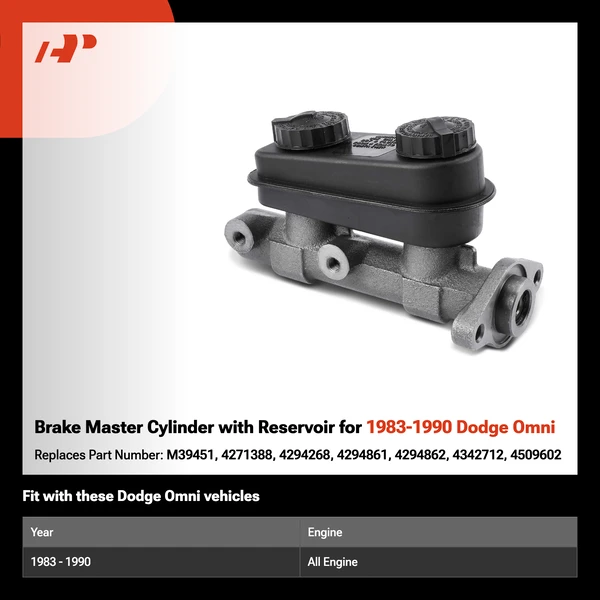 Brake Master Cylinder with Reservoir for 1983-1990 Dodge Omni