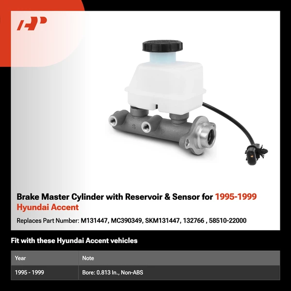 Brake Master Cylinder with Reservoir & Sensor for 1995-1999 Hyundai Accent