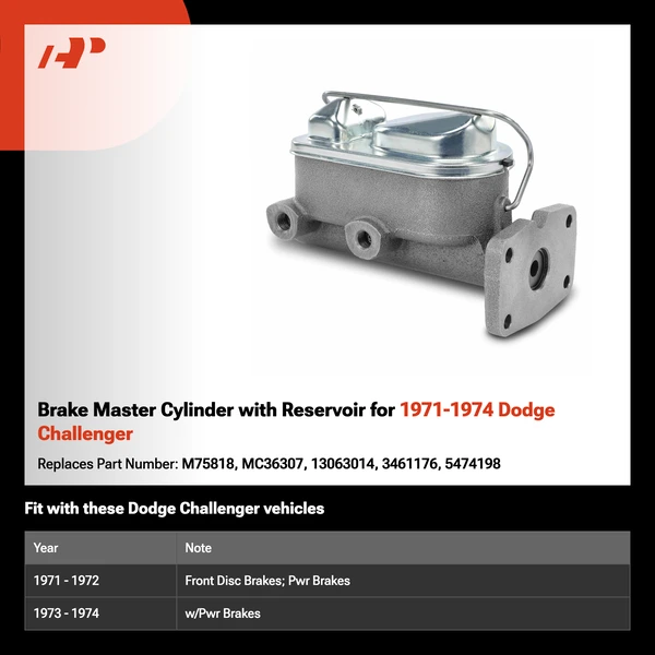 Brake Master Cylinder with Reservoir for 1971-1974 Dodge Challenger
