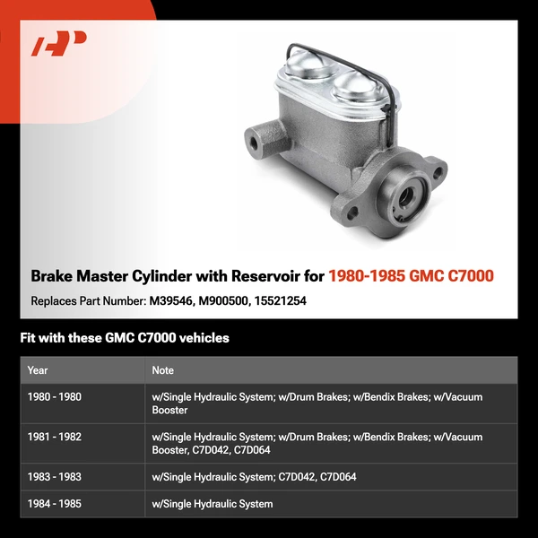 Brake Master Cylinder with Reservoir for 1980-1985 GMC C7000