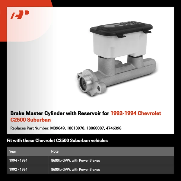 Brake Master Cylinder with Reservoir for 1992-1994 Chevrolet C2500 Suburban
