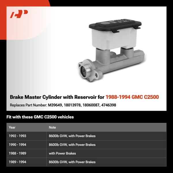 Brake Master Cylinder with Reservoir for 1988-1994 GMC C2500