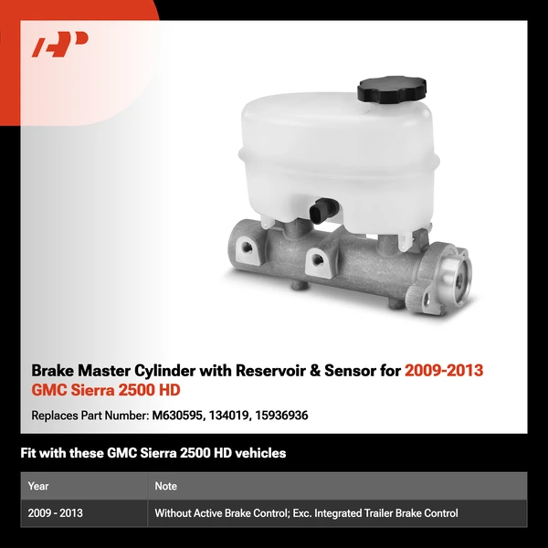 Brake Master Cylinder with Reservoir & Sensor for 2009-2013 GMC Sierra 2500 HD