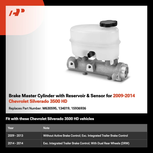 Brake Master Cylinder with Reservoir & Sensor for 2009-2014 Chevrolet Silverado 3500 HD