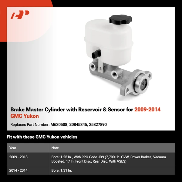 Brake Master Cylinder with Reservoir & Sensor for 2009-2014 GMC Yukon