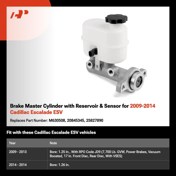 Brake Master Cylinder with Reservoir & Sensor for 2009-2014 Cadillac Escalade ESV