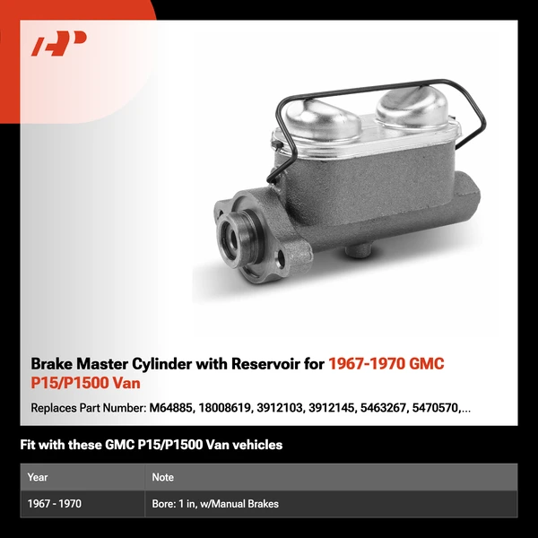 Brake Master Cylinder with Reservoir for 1967-1970 GMC P15/P1500 Van