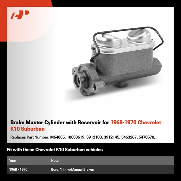 Brake Master Cylinder with Reservoir for 1968-1970 Chevrolet K10 Suburban