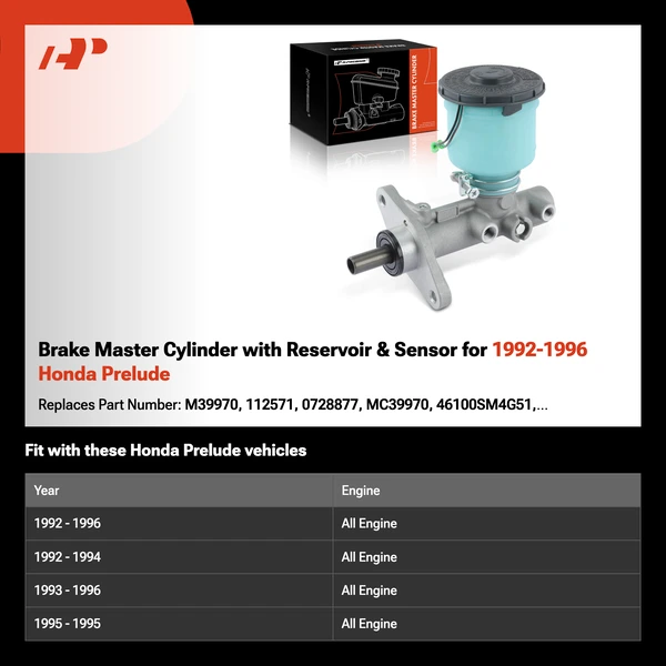Brake Master Cylinder with Reservoir & Sensor for 1992-1996 Honda Prelude