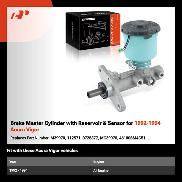 Brake Master Cylinder with Reservoir & Sensor for 1992-1994 Acura Vigor