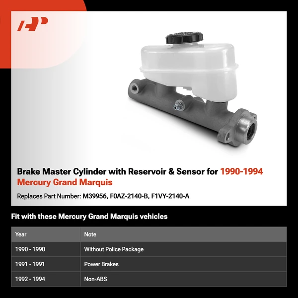 Brake Master Cylinder with Reservoir & Sensor for 1990-1994 Mercury Grand Marquis