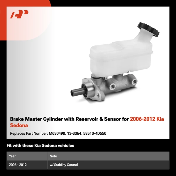Brake Master Cylinder with Reservoir & Sensor for 2006-2012 Kia Sedona
