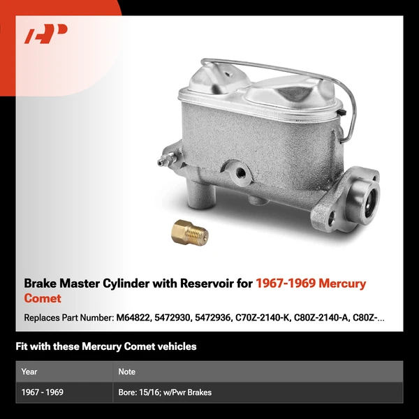 Brake Master Cylinder with Reservoir for 1967-1969 Mercury Comet
