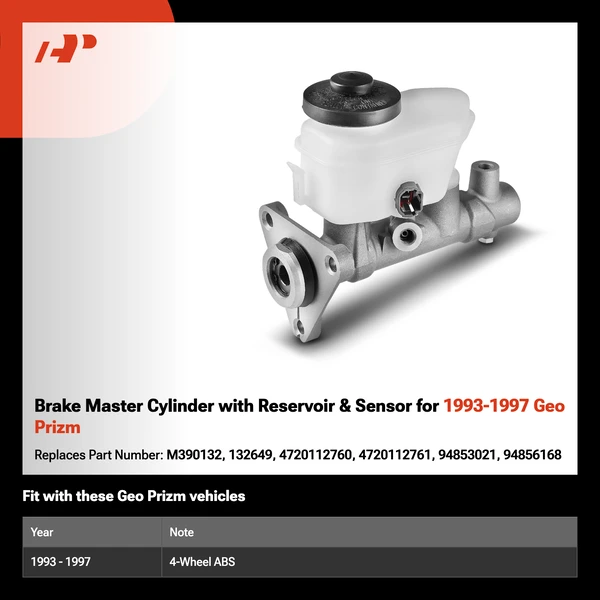 Brake Master Cylinder with Reservoir & Sensor for 1993-1997 Geo Prizm