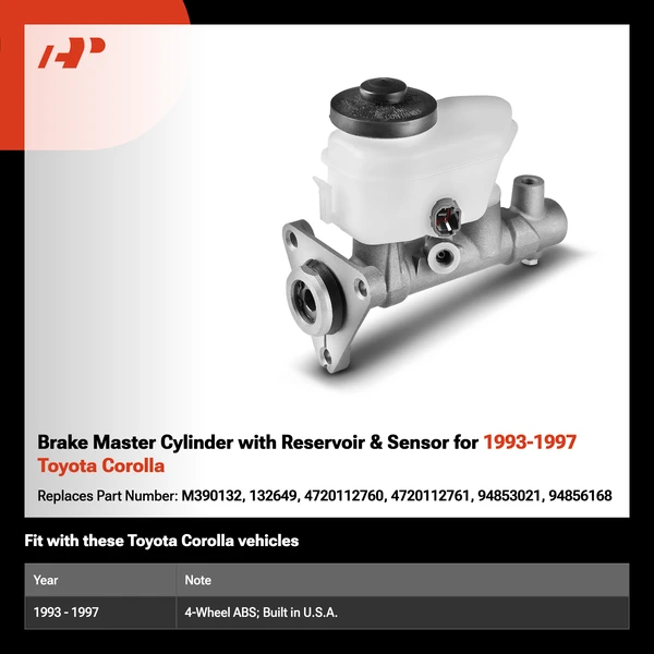 Brake Master Cylinder with Reservoir & Sensor for 1993-1997 Toyota Corolla