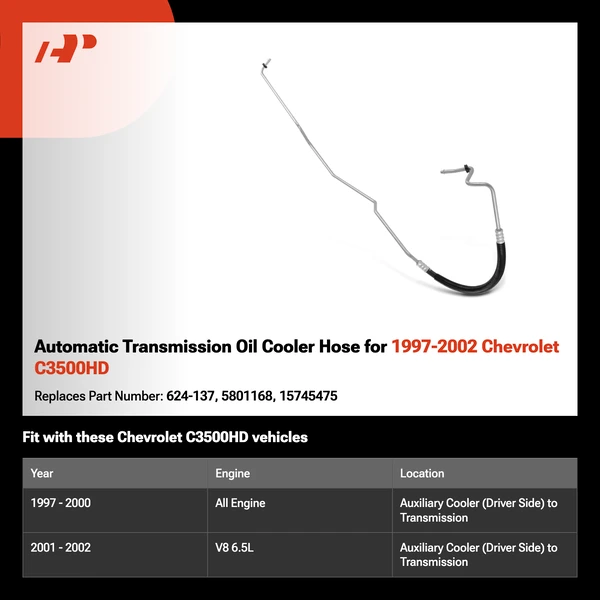 Automatic Transmission Oil Cooler Hose for 1997-2002 Chevrolet C3500HD