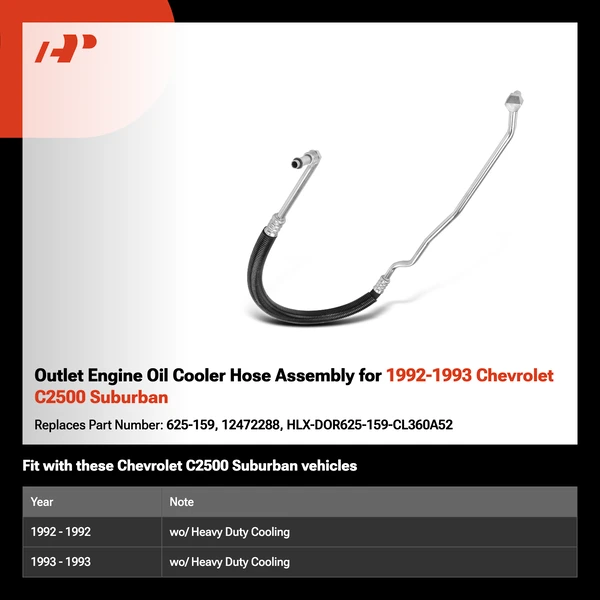 Outlet Engine Oil Cooler Hose Assembly for 1992-1993 Chevrolet C2500 Suburban