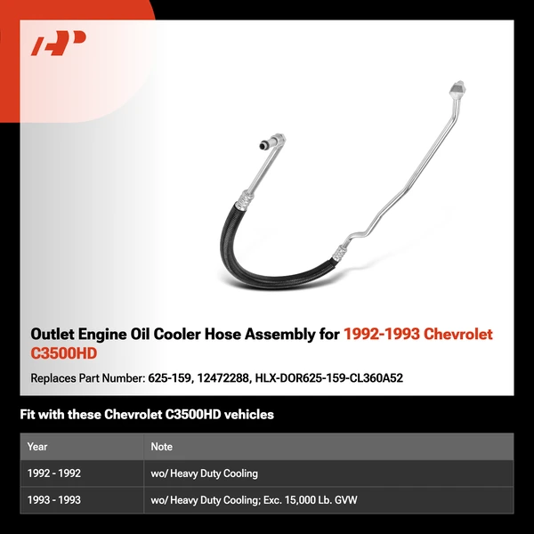 Outlet Engine Oil Cooler Hose Assembly for 1992-1993 Chevrolet C3500HD