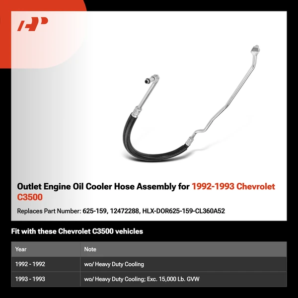 Outlet Engine Oil Cooler Hose Assembly for 1992-1993 Chevrolet C3500