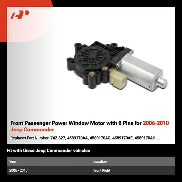 Front Passenger Power Window Motor with 6 Pins for 2006-2010 Jeep Commander