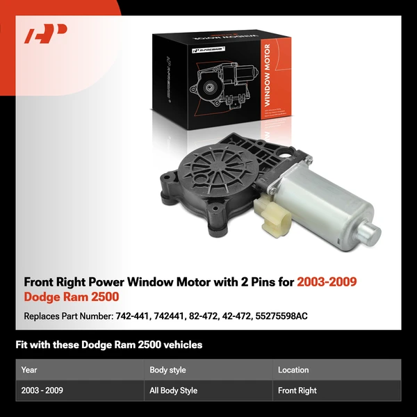 Front Right Power Window Motor with 2 Pins for 2003-2009 Dodge Ram 2500