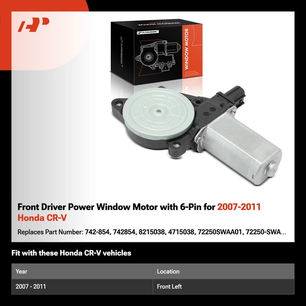 Front Driver Power Window Motor with 6-Pin for 2007-2011 Honda CR-V