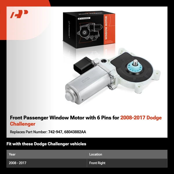 Front Passenger Window Motor with 6 Pins for 2008-2017 Dodge Challenger