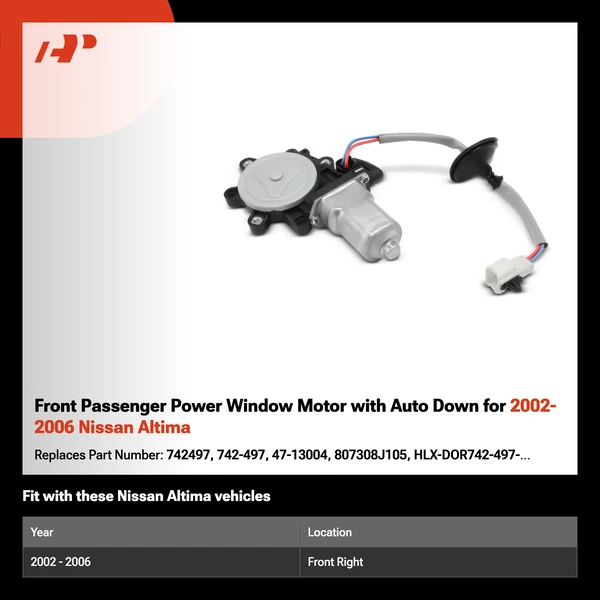 Front Passenger Power Window Motor with Auto Down for 2002-2006 Nissan Altima
