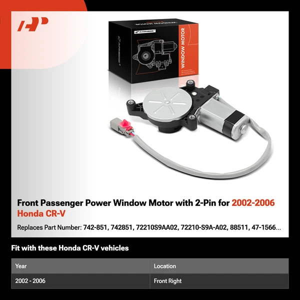 Front Passenger Power Window Motor with 2-Pin for 2002-2006 Honda CR-V
