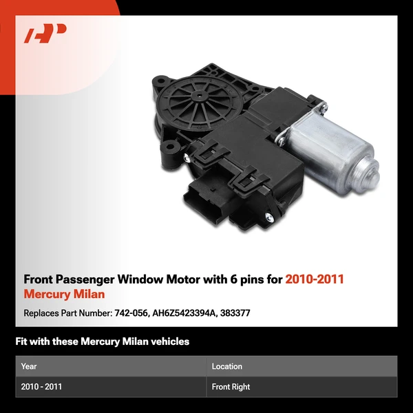 Front Passenger Window Motor with 6 pins for 2010-2011 Mercury Milan