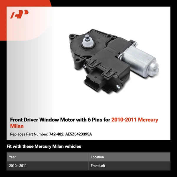 Front Driver Window Motor with 6 Pins for 2010-2011 Mercury Milan