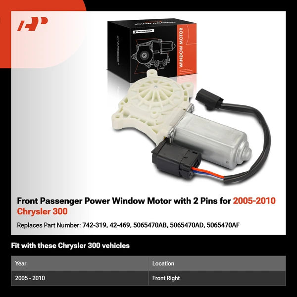 Front Passenger Power Window Motor with 2 Pins for 2005-2010 Chrysler 300
