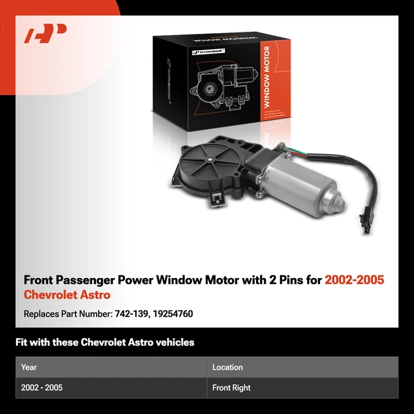 Front Passenger Power Window Motor with 2 Pins for 2002-2005 Chevrolet Astro