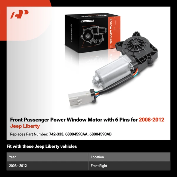 Front Passenger Power Window Motor with 6 Pins for 2008-2012 Jeep Liberty