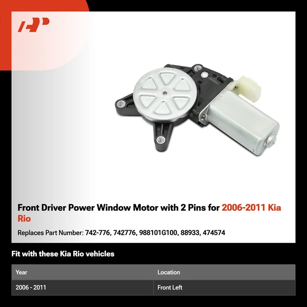 Front Driver Power Window Motor with 2 Pins for 2006-2011 Kia Rio