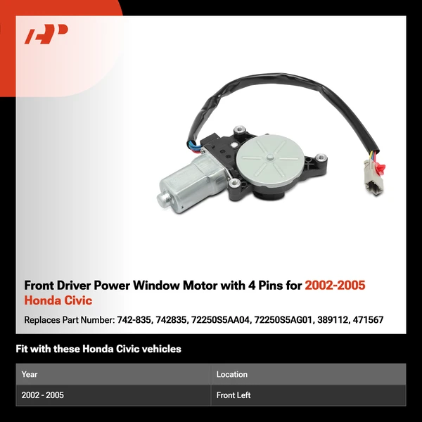 Front Driver Power Window Motor with 4 Pins for 2002-2005 Honda Civic