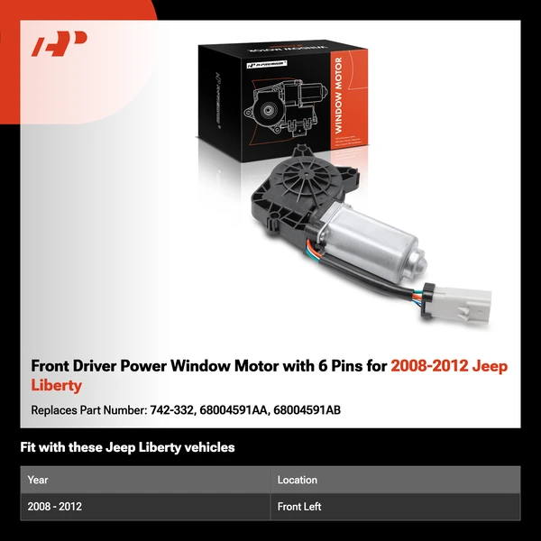 Front Driver Power Window Motor with 6 Pins for 2008-2012 Jeep Liberty