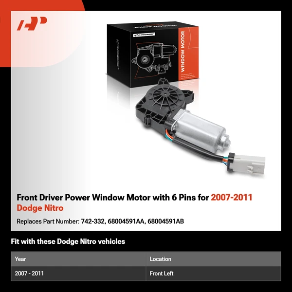 Front Driver Power Window Motor with 6 Pins for 2007-2011 Dodge Nitro