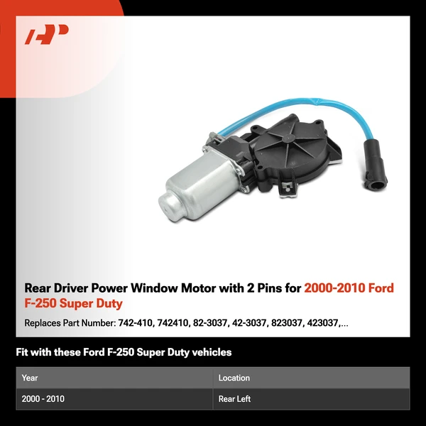 Rear Driver Power Window Motor with 2 Pins for 2000-2010 Ford F-250 Super Duty