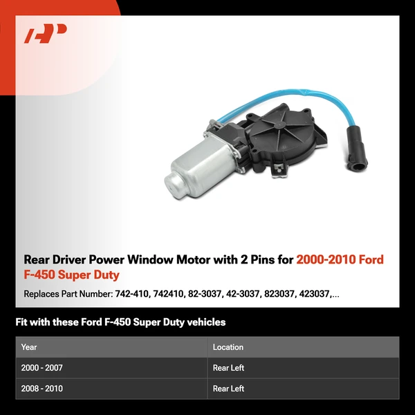Rear Driver Power Window Motor with 2 Pins for 2000-2010 Ford F-450 Super Duty