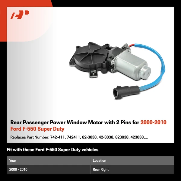 Rear Passenger Power Window Motor with 2 Pins for 2000-2010 Ford F-550 Super Duty