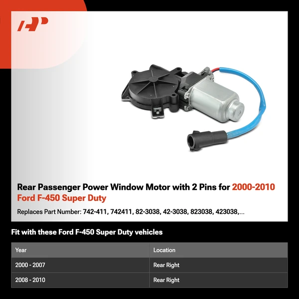 Rear Passenger Power Window Motor with 2 Pins for 2000-2010 Ford F-450 Super Duty