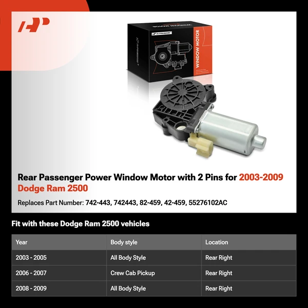 Rear Passenger Power Window Motor with 2 Pins for 2003-2009 Dodge Ram 2500