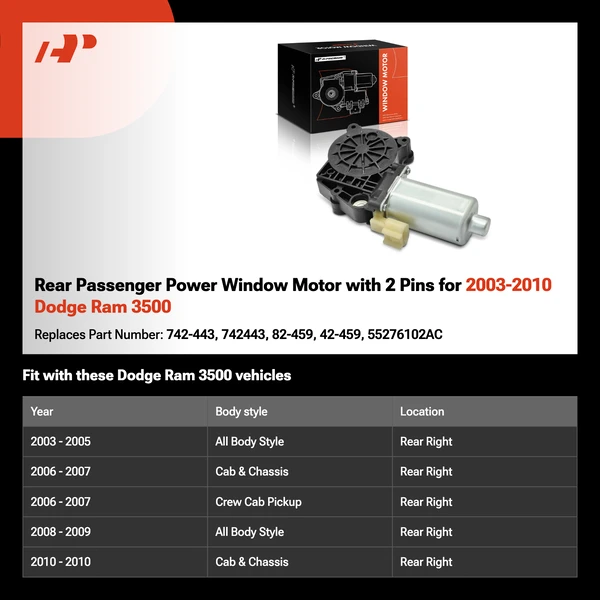 Rear Passenger Power Window Motor with 2 Pins for 2003-2010 Dodge Ram 3500