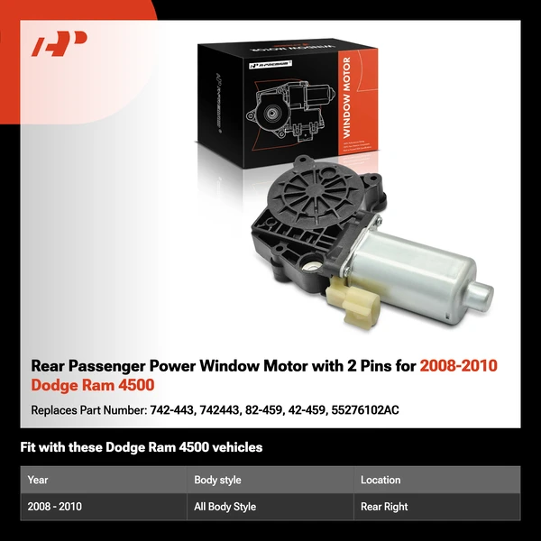 Rear Passenger Power Window Motor with 2 Pins for 2008-2010 Dodge Ram 4500