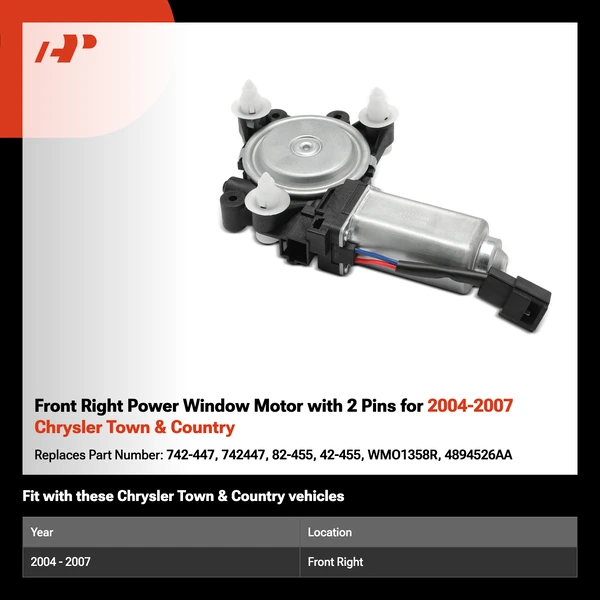 Front Right Power Window Motor with 2 Pins for 2004-2007 Chrysler Town & Country