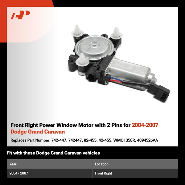 Front Right Power Window Motor with 2 Pins for 2004-2007 Dodge Grand Caravan