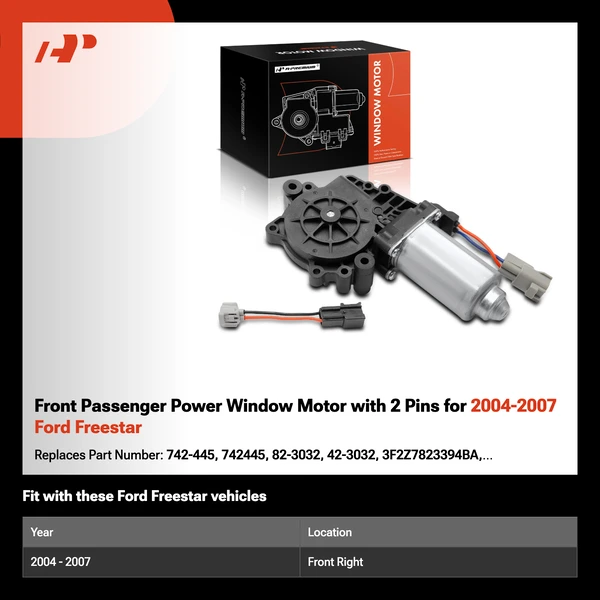 Front Passenger Power Window Motor with 2 Pins for 2004-2007 Ford Freestar