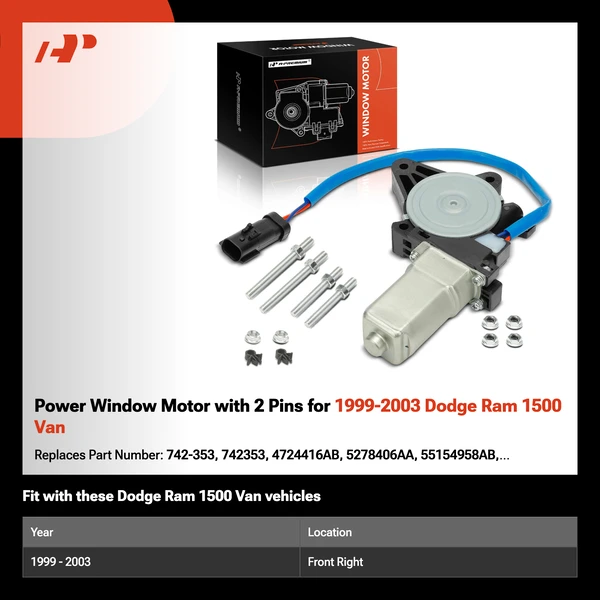 Power Window Motor with 2 Pins for 1999-2003 Dodge Ram 1500 Van