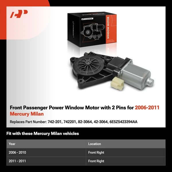 Front Passenger Power Window Motor with 2 Pins for 2006-2011 Mercury Milan